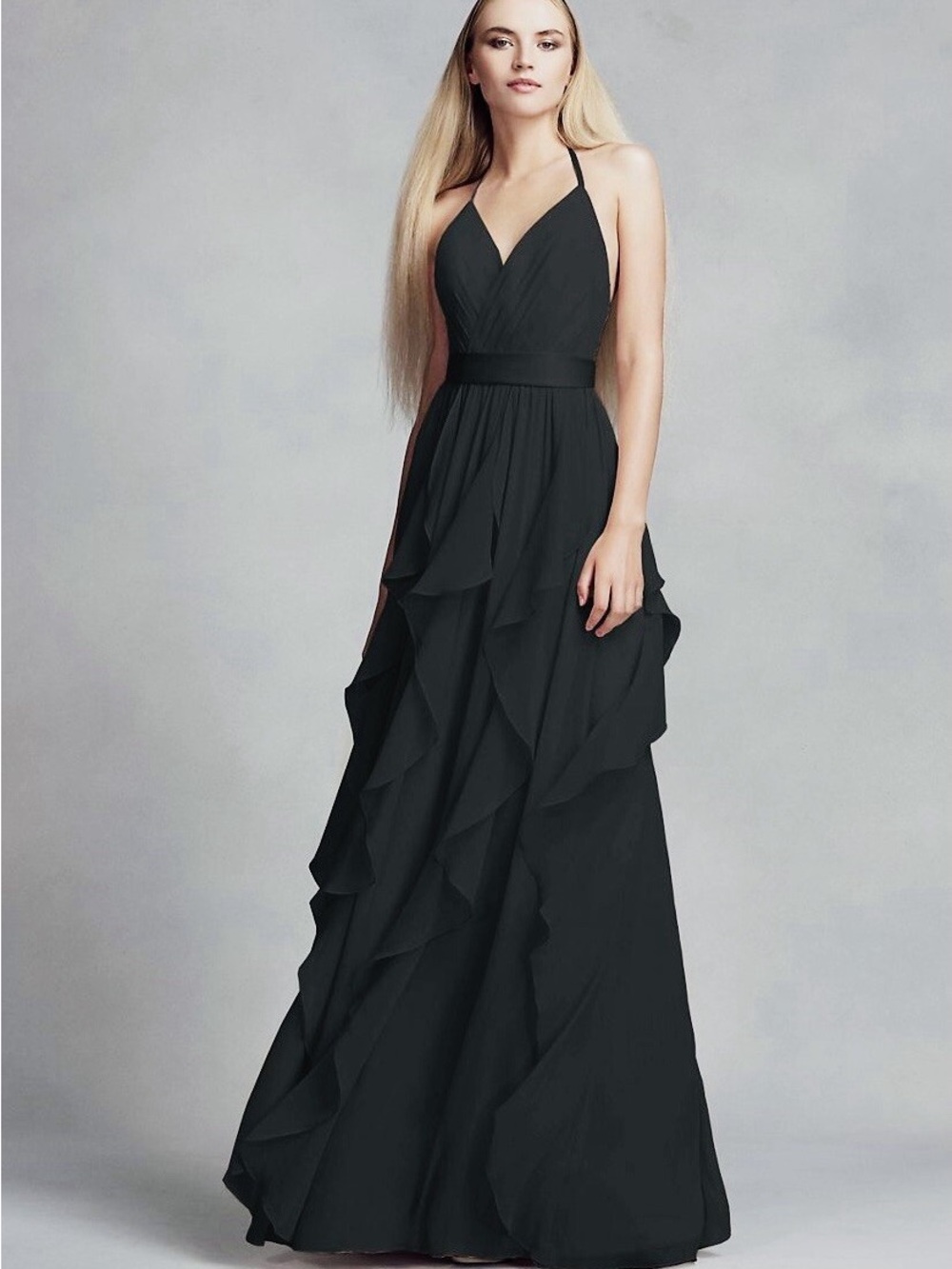 Vera Wang Chiffon Bridesmaids Dress Black Size 12 Cascading Skirt Gown Formal